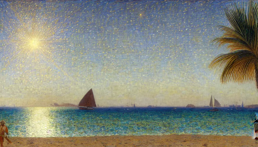 Prompt: a ultradetailed beautiful painting of meteor seen from a beach, by jules bastien - lepage, tarsila do amaral, frank weston and gustave baumann, beach, trending on artstation, mediterranean, palm trees, sharp focus, colorful refracted sparkles and lines, soft light, 8 k 4 k