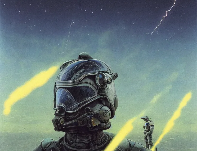 Image similar to a detailed portrait painting of a lone bounty hunter wearing combat armour and a reflective visor. Head and chest only. Movie scene, cinematic sci-fi scene. Flight suit, cloth and metal, accurate anatomy. portrait symmetrical and science fiction theme with lightning, aurora lighting. clouds and stars. Futurism by beksinski carl spitzweg moebius and tuomas korpi. baroque elements. baroque element. intricate artwork by caravaggio. Oil painting. Trending on artstation. 8k