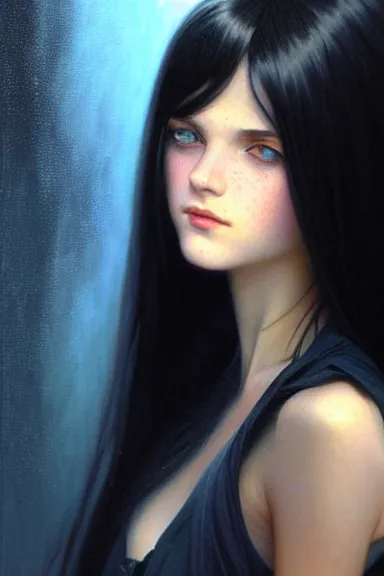 Image similar to portrait of teenage girl with long glossy black hair, blue eyes, glowing skin, fashion model features, fantasy, intricate, elegant, black dress, highly detailed, digital painting, artstation, concept art, smooth, sharp focus, illustration, art by Krenz Cushart and Artem Demura and alphonse mucha