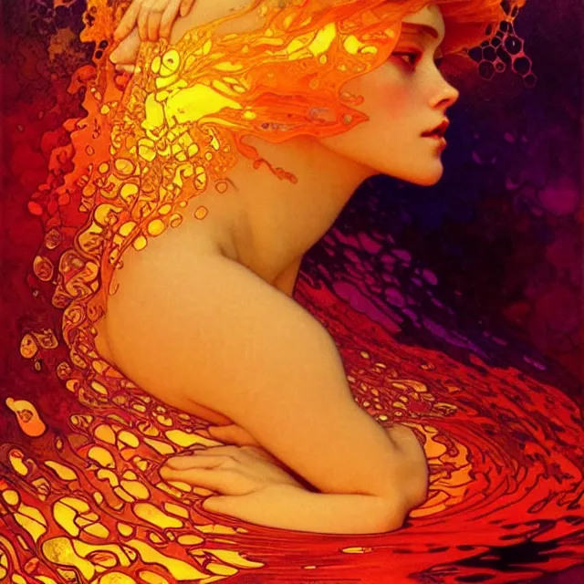 Prompt: mind bending sapphire ocean waves of glossy psychedelic liquid honey drops flowing like kaleidoscopic translucent amber, lsd waves, dmt ripples, crystal clear, backlit, sunset, refracted lighting, art by collier, albert aublet, krenz cushart, artem demura, alphonse mucha