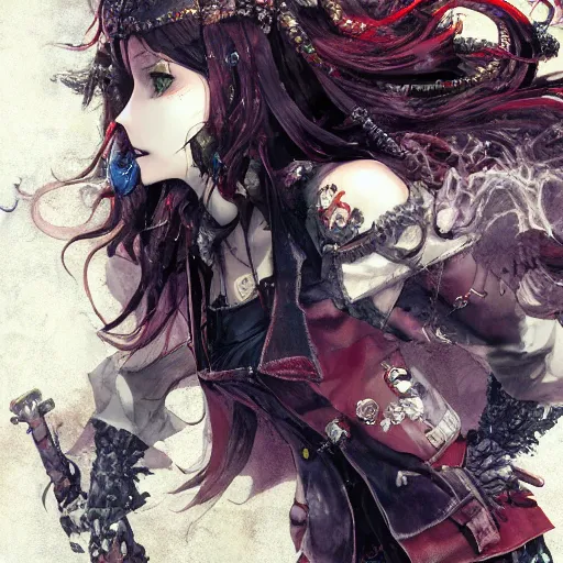 Prompt: goth woman, color page, tankoban, 4 k, tone mapping, doll, akihiko yoshida, james jean andrei riabovitchev marc simonetti, yoshitaka amano, long hair, curly, h. hydrochaeri