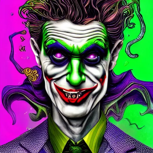 Image similar to an extremely psychedelic portrait of the riddler as the joker, surreal, lsd, face, detailed, intricate, elegant, lithe, highly detailed, digital oth, sharp focus, illustration,