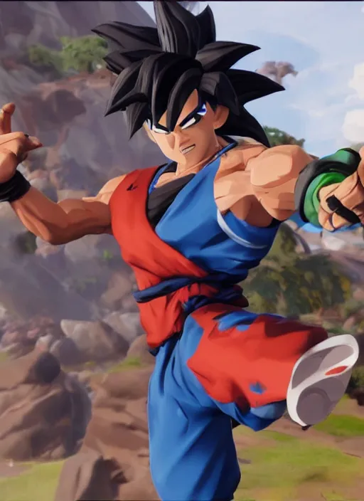 Image similar to game still of a sayan goku as a fortnite skin in fortnite by fortnite, pose.