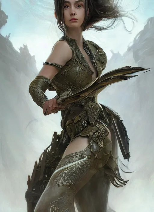 Image similar to a professional portrait of a beautiful young female, clothed in ethereal battle armor, olive skin, long dark hair, beautiful bone structure, symmetrical facial features, intricate, elegant, digital painting, concept art, smooth, sharp focus, finely detailed, illustration, from Valerian and the City of a Thousand Planets, in the style of Ruan Jia and Mandy Jurgens and Artgerm and Greg Rutkowski and William-Adolphe Bouguerea