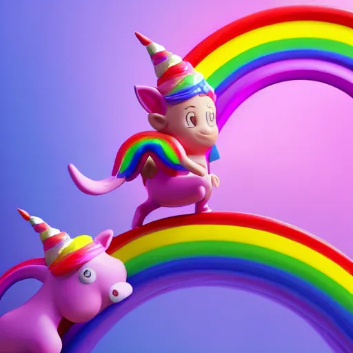 Prompt: a pink gnome riding a rainbow unicorn galloping under a rainbow, 4 k realistic, octane render, award winning