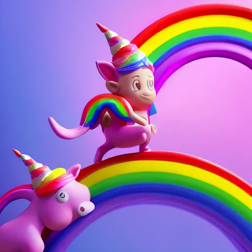 Image similar to a pink gnome riding a rainbow unicorn galloping under a rainbow, 4 k realistic, octane render, award winning