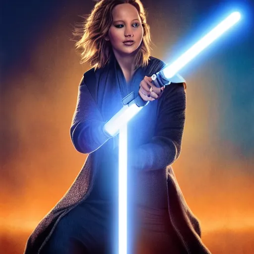 Image similar to jennifer lawrence as a jedi holding up a blue lightsaber, very dark background, official new star wars episode xi movie poster from lucas arts, perfect symmetrical face, full moon, moody lighting, 8 k, shallow depth of field, intricate detail,