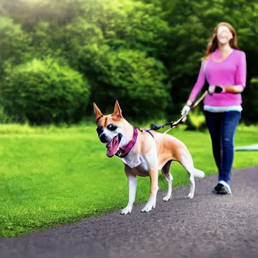 Image similar to Photorealistic picture of a dog taking his human out for a walk on a leash