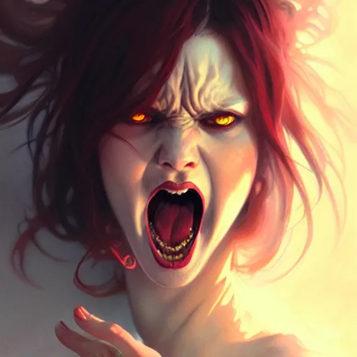 Prompt: face portrait of angry female demon screaming, realistic, high qulity, 4 k, sharp fucos, tranding on art station, illustration, art by artgerm and greg rutkowski and alphonse mucha