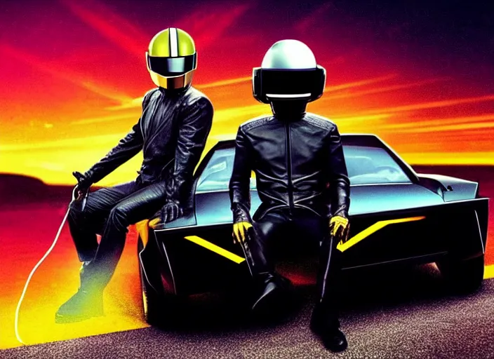 Prompt: knight rider, daft punk electroma movie, synthwave style, sea of technology