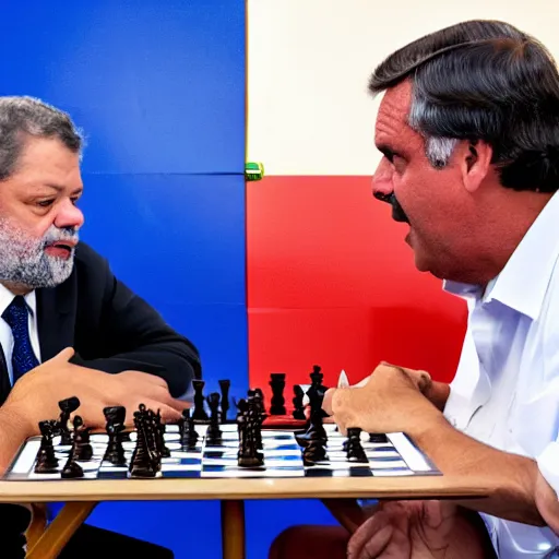 Prompt: photo of luis inacio lula da silva and jair messias bolsonaro playng chess, detailed 4 k