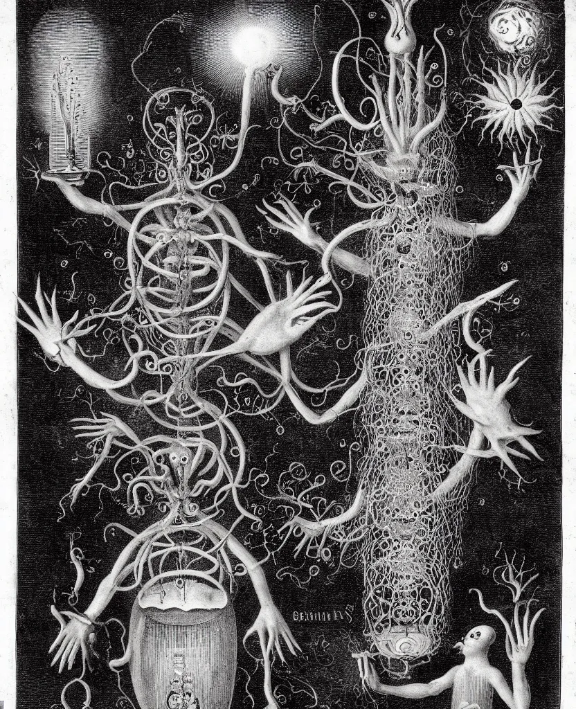 Image similar to whimsical freaky creature sings a unique canto about'as above so below'being ignited by the spirit of haeckel and robert fludd, breakthrough is iminent, glory be to the magic within