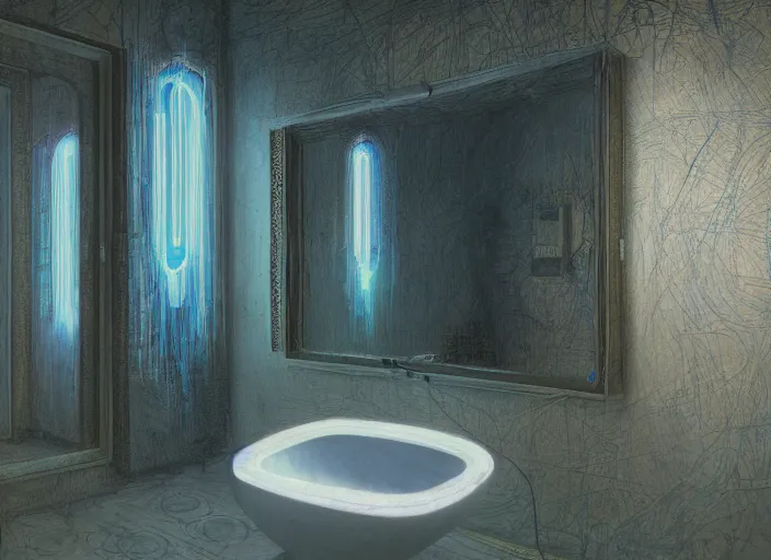 Prompt: A bathroom, mirror, neon, RGB, glowing wires everywhere, decay, by Edgar Maxence and Ross Tran, Zdzisław Beksiński, and Michael Whelan, distant, gustav dore, H.R. Giger, 8k, octane render