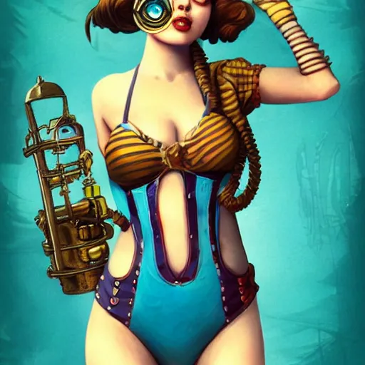 Image similar to lofi underwater bioshock steampunk portrait, Pixar style, wearing swimsuit, by Tristan Eaton Stanley Artgerm and Tom Bagshaw.