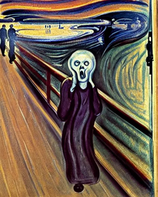 Image similar to a painting of ghostface in the scream by edvard munch