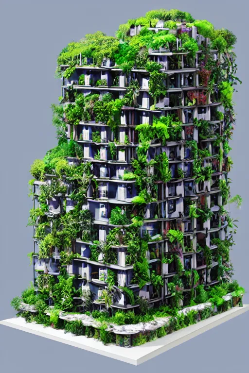 Image similar to 3 d printed physical model organic flowy including more than one city into one vertical building model that sits on a table in a room with a view back, multiple stories, transparent, with vegetation, colorful, eye - level view, 8 0 k, octane render, highly detailed 3 d render,