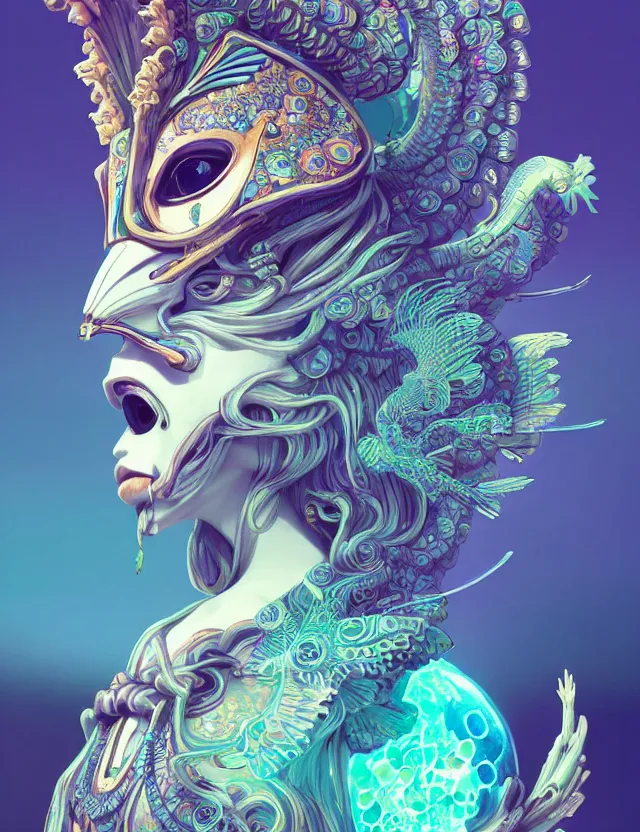 Image similar to 3 d goddess close - up profile solarpunk portrait ram skull. beautiful intricately detailed japanese crow kitsune mask and clasical japanese kimono. betta fish, jellyfish phoenix, bio luminescent, plasma, ice, water, wind, creature, artwork by tooth wu and wlop and beeple and greg rutkowski