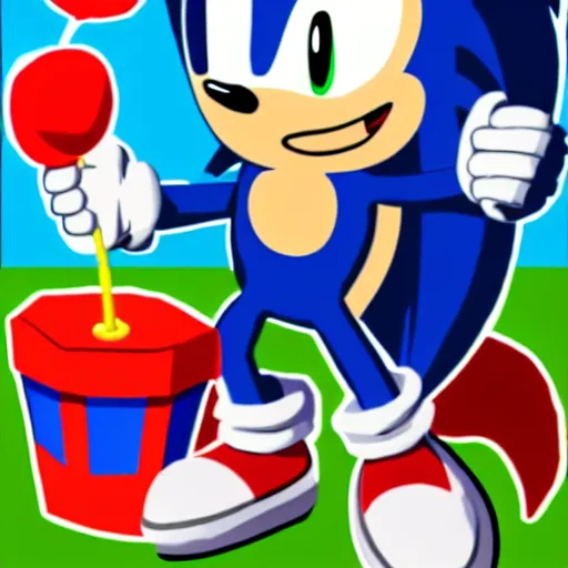 Prompt: pixel art sonic the hedgehog, smiling, holding a birthday cake, saying happy birthday!