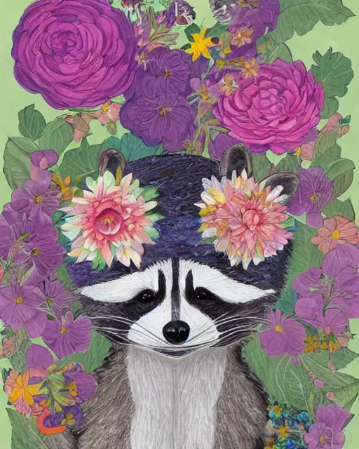 Image similar to a painting of a raccoon wearing a flower crown, a storybook illustration by naomi okubo, pinterest contest winner, furry art, made of flowers, storybook illustration, whimsical, muted colors, white paper background