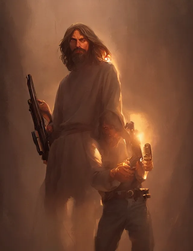 Image similar to jesus with a shotgun, cinematic lighting, highly detailed, concept art, art by wlop and artgerm and greg rutkowski, masterpiece, trending on artstation,