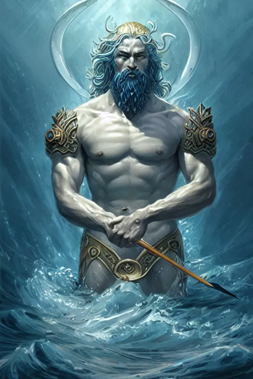 Image similar to poseidon humanoid god of the sea, trident, highly detailed, d & d, fantasy, highly detailed, digital painting, trending on artstation, concept art, sharp focus, illustration, art by artgerm and greg rutkowski and magali villeneuve