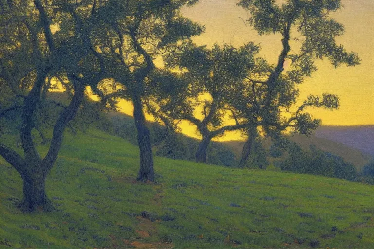 Image similar to masterpiece painting of oak trees on a hillside overlooking a creek, dramatic lighting, by daniel garber