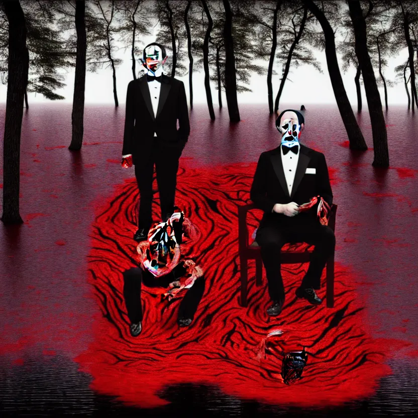 Prompt: a portrait of a man in a tuxedo with five heads, twelve arms, and sixteen legs, sitting on chair made of human limbs, the chair is floating in a lake of blood, surrounding the lake are melting trees, digital art, hyperrealistic nightmare scene, supernatural, highly detailed, creepy, terrifying