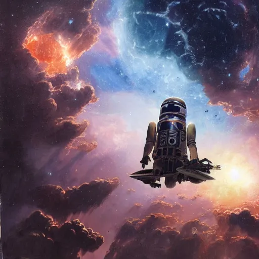 Prompt: detailed rococo painting of a black astronaut spacewalking, planets behind, symmetrical, realistic, art station nebulas, dynamic lighting, 8 k, star wars, art by greg rutkowski, kehinde wiley, alphonse muca