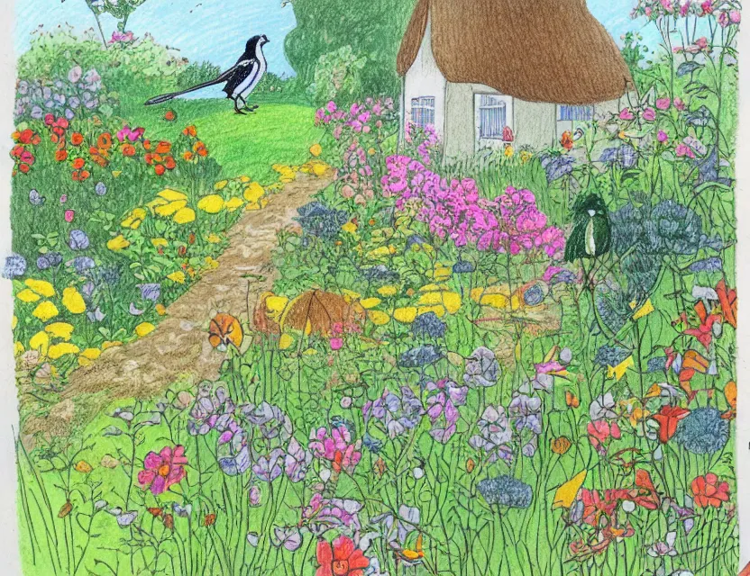 Image similar to magpie in a cottage garden. this drawing by the beloved children's book illustrator has a beautiful composition, interesting color scheme, flat shading.