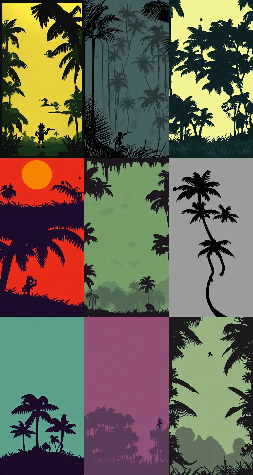 Prompt: dkc, jungle, stylized, silhouette, horizon, minimalist wallpaper, dark background, desktop background, behance, artstation, deviantart