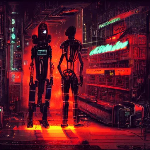 Image similar to A bionic, cybernetic cyborg in a dark, gritty, neon-lit cityscape, Digital painting, urban, city, science fiction, dark, noir, neon, cyber punk, steam punk, industry, machine, steam, robot, character design, world building, 8k, by Viktor Miller-Gausa