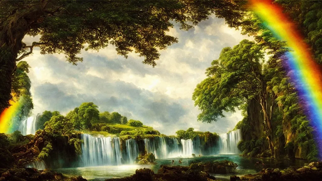 Image similar to the most beautiful panoramic landscape, oil painting, a waterfall creates a rainbow, huge and ancient trees, cinematic lighting, highly detailed, very realistic