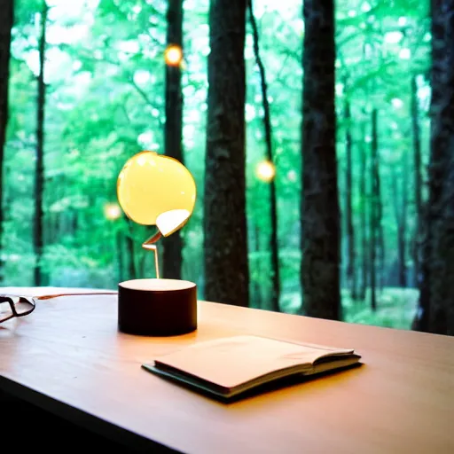 Image similar to A small desk with desklamp in the middle of a forest, floating lights, magical