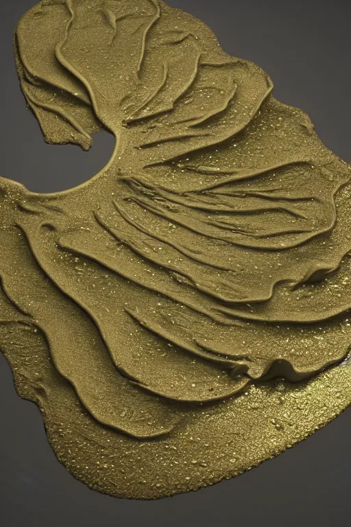 Prompt: 3 d render by daniel arsham of a long melting solid gold lilly pad