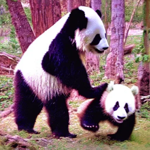 Image similar to polaroid photo of A panda scaring childrens, award winning