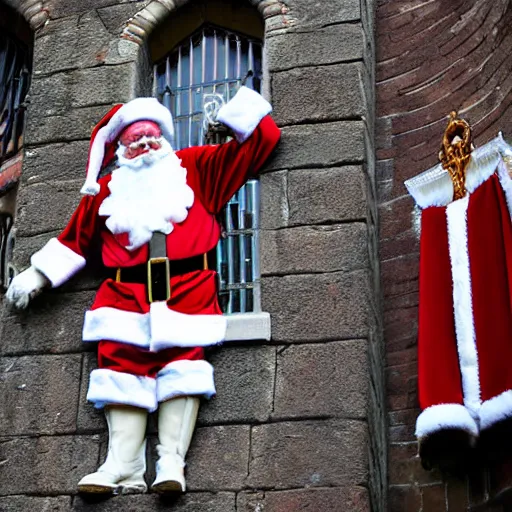 Prompt: santa clause climbing the sint catharijne church in brielle, photograph