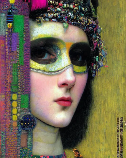 Image similar to a close up of beautiful decora cybergoth emo girl wearing a balaclava surrounded by colourful intricate patterns, by gustave klimt edgar maxence and caravaggio and michael whelan, intricate painting, hyper realistic, extremely detailed and beautiful aesthetic face, 8 k resolution