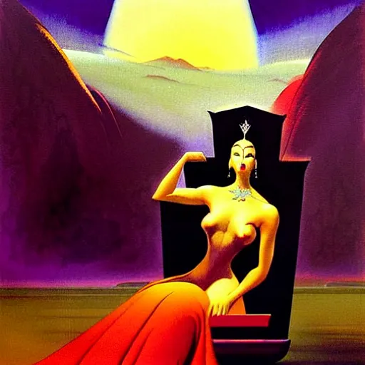 Image similar to a beautiful painting of a queen in a designer dress sitting on a throne, by bruce pennington, by eyvind earle, nicholas roerich, by frank frazetta, by georgia o keeffe, by dean cornwell, highly detailed, contest winner, eerie, ominous, tonalism, jewels, rich baghdad, oriental, desaturated, anime