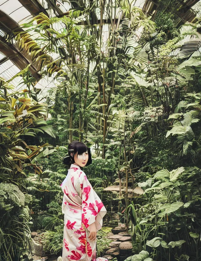 Prompt: photograph of a beautiful Japanese woman wearing a pretty kimono in a tropical greenhouse, by Annie Leibowiz, by Alessio Albi, extremely detailed, large format camera, Fuji Provia, bokeh, blurred background, photorealistic, trending on instagram