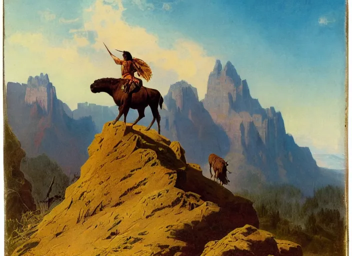 Image similar to native american riding bison, buffalo, native american warrior, mountain range, beautiful sky, standing on the edge of a cliff, 1 9 th century, painted by frazetta