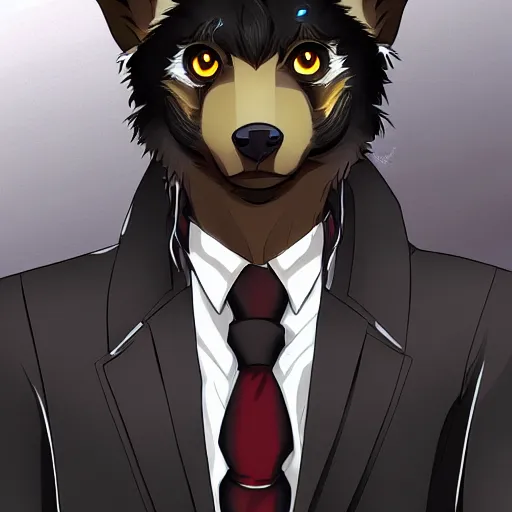 Image similar to key anime visual professional art of a close shot of an anthropomorphic black male wolf anthro furry fursona, wearing a business suit, handsome male eyes, anime office background, official anime still