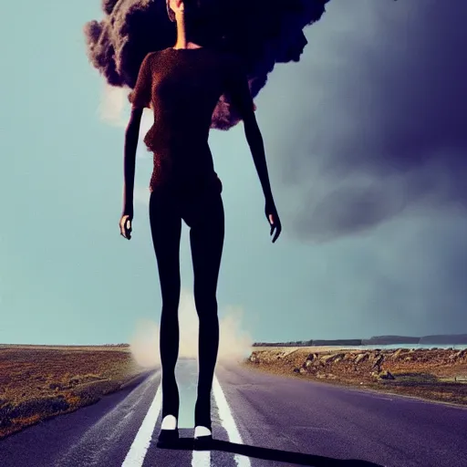 Prompt: a fashion model, creative, brown skin, digital art, photo manipulation, colossal, smoke, artstation, giant, standing, road,