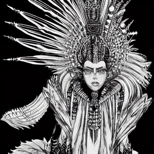 Image similar to a cosmic, lovcraftian female sphinx with spikes on its head and feathers and jewellery drawing by tsutomu nihei