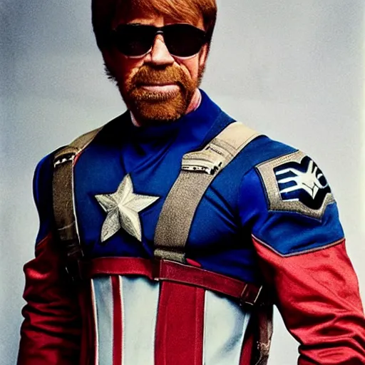 Prompt: uhd candid photo of chuck norris dressed as captain america, wearing extremely intricate costume. photo by annie leibovitz