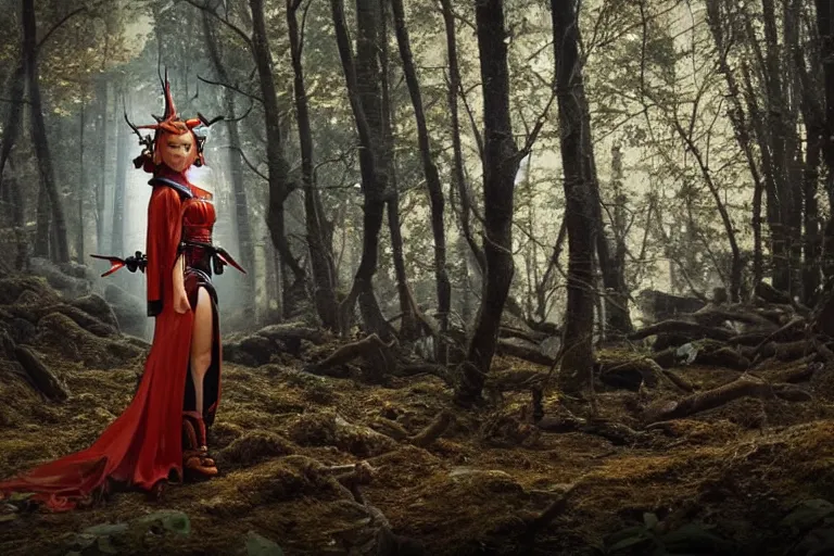 Prompt: vfx movie scene closeup futuristic nomad cyborg warrior viking geisha in a smoldering forest. by emmanuel lubezki