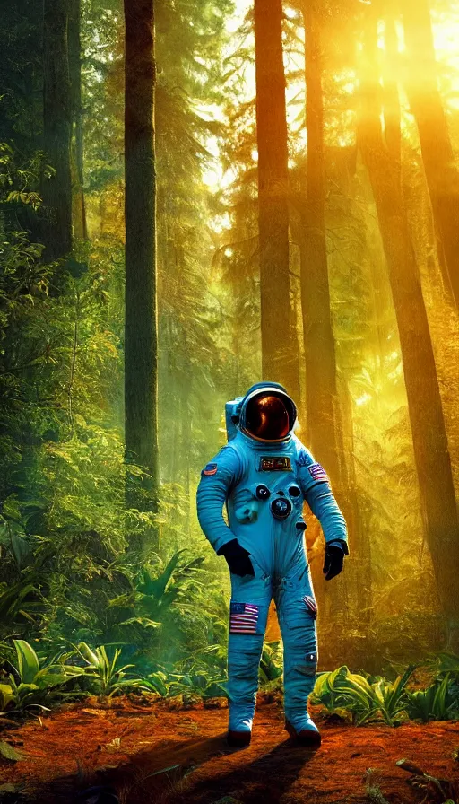 Image similar to american astronaut in the forest in orange and teal suite, plants environment wide angle cinematic lighting atmospheric realistic octane render highly detailed, octane render, in the style of craig mullins