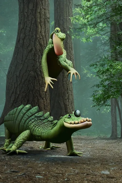 Image similar to a crocodile wearing a formal overcoat in a forest, Pixar style, 3D render, octane render, unreal engine 5, path tracing, cute, 4K, anatomically correct, natural lighting, high quality, highly detailed, low poly