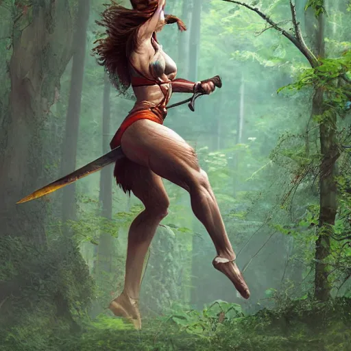Image similar to a high detail super realistic anatomy strong amazonian woman leaps into the air in the forest to stab a wilderbeast with her sword, concept art, digital art fantasy world 4K high detail