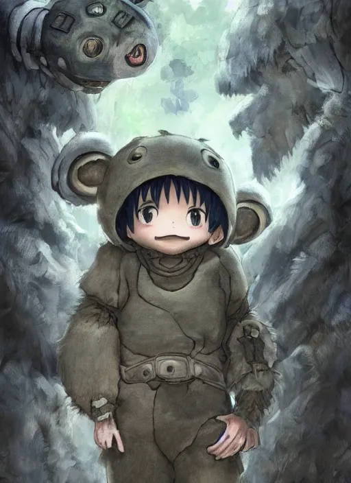 Image similar to beautiful little boy wearing an cyborg bear suit, artwork in kentaro miura and made in abyss and rosdraws, smooth, beautiful lightness, anatomically correct, trending on pixiv, forest