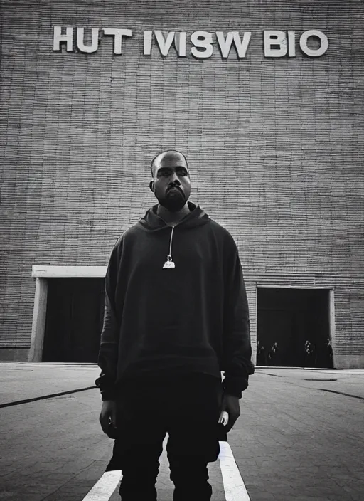 Image similar to Kanye West standing in front of the building of Huta Katowice, iPhone photo